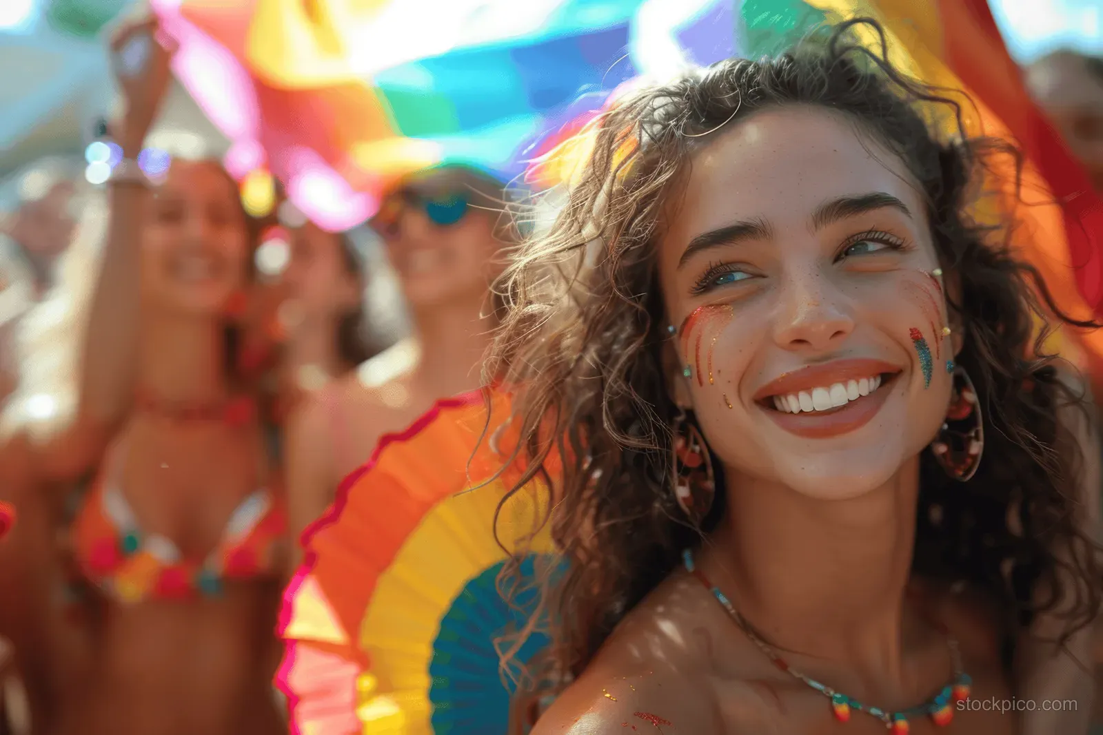 Smiling LGBTQ youth at an outdoor Pride festival with rainbow flags and colorful handheld fans.