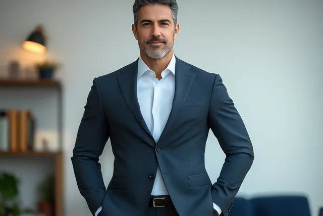 Confident smiling mature Latin businessman stands with arms crossed in modern office suit