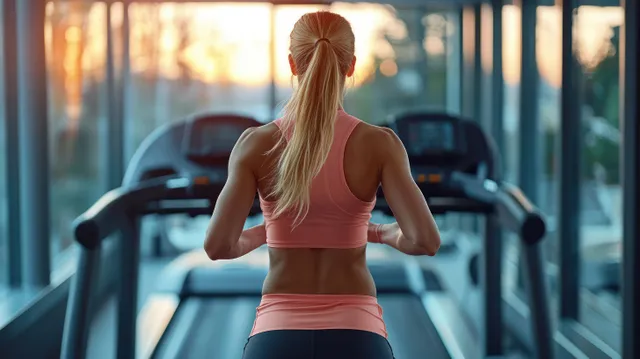 Athletic woman runs on a treadmill in a gym as sunrise light streams through large windows behind her.