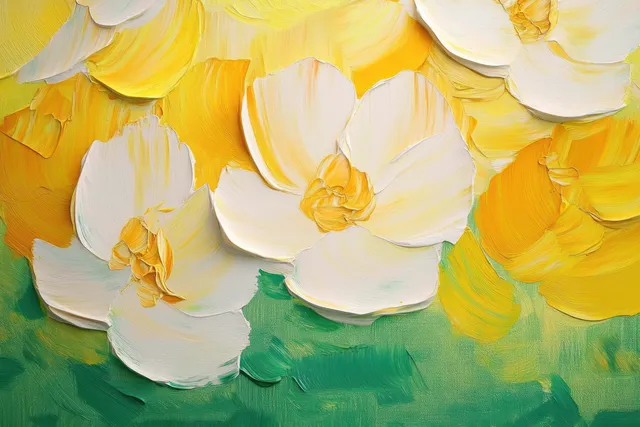 Close-up of textured painted white and yellow flower petals with green leaves and thick brushstroke layers.