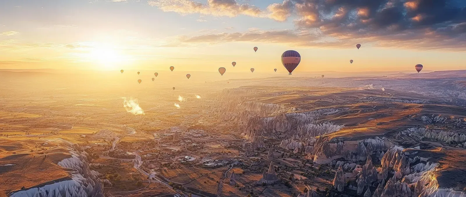 Hot air balloons hover in the sunrise sky over Cappadocia’s fairy chimney rock formations and valleys near Göreme.