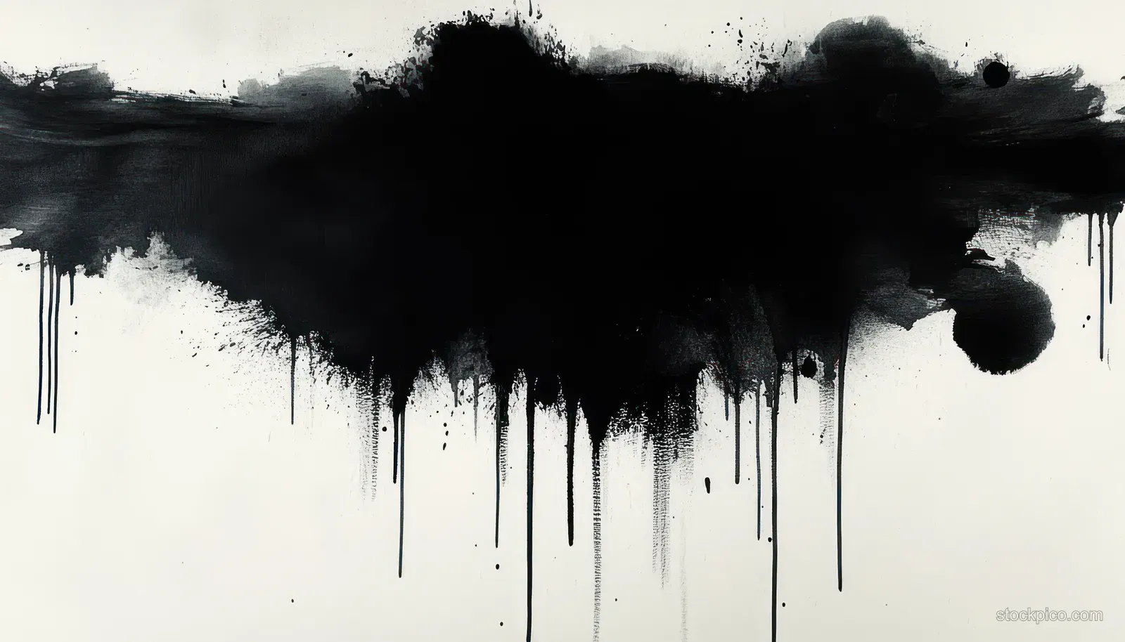 Black sumi ink wash pools on cream paper while thin drips hang down in vertical streaks.