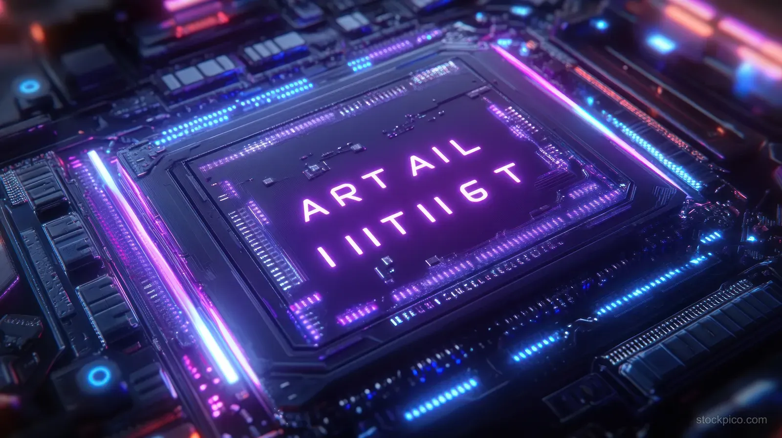 A glowing futuristic processor chip on a circuit board with neon purple, pink, and blue light accents.