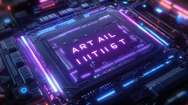 Futuristic glowing computer processor chip on a circuit board with neon purple and blue lighting