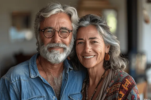 A smiling senior couple hugs together in a cozy living room with soft natural light.