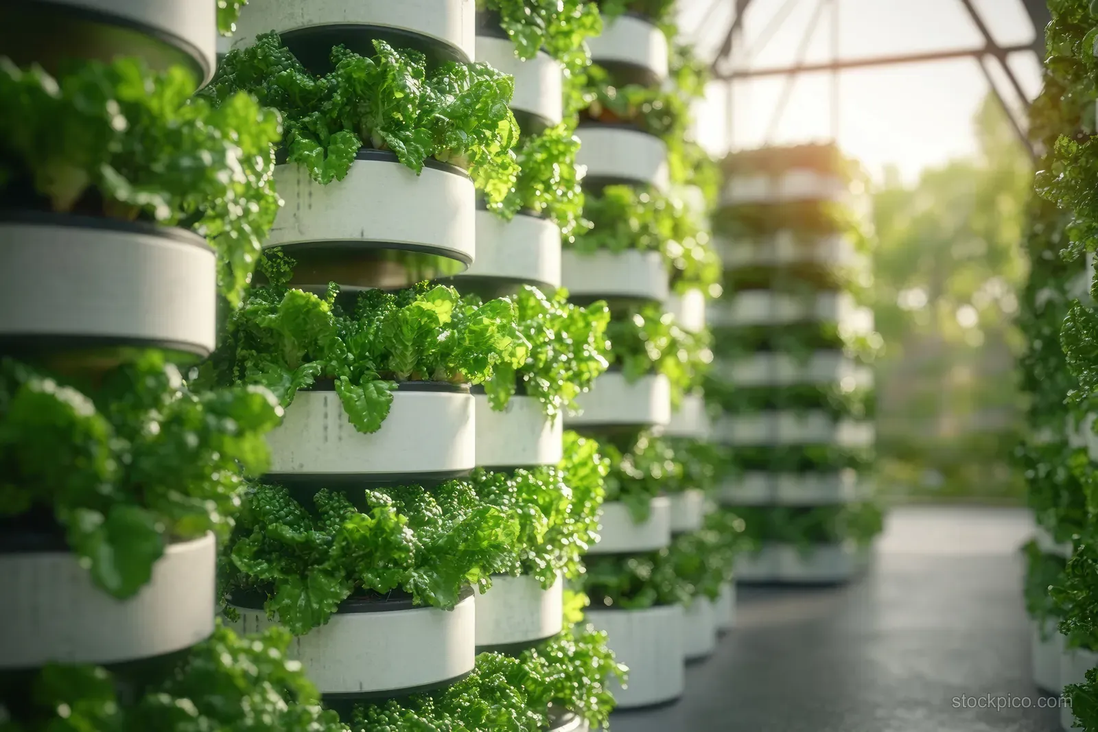 Leafy green plants grow in stacked white cylindrical pots inside a sunlit greenhouse.