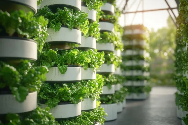 Lush leafy greens growing in stacked white pots inside a greenhouse