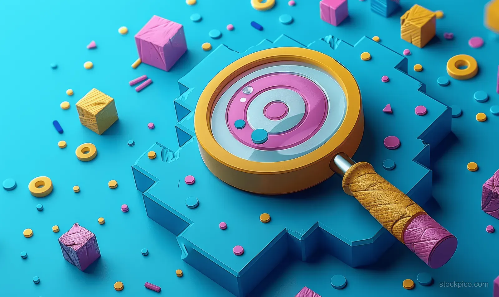 A magnifying glass enlarges a target symbol with scattered colorful 3D business icons around it.