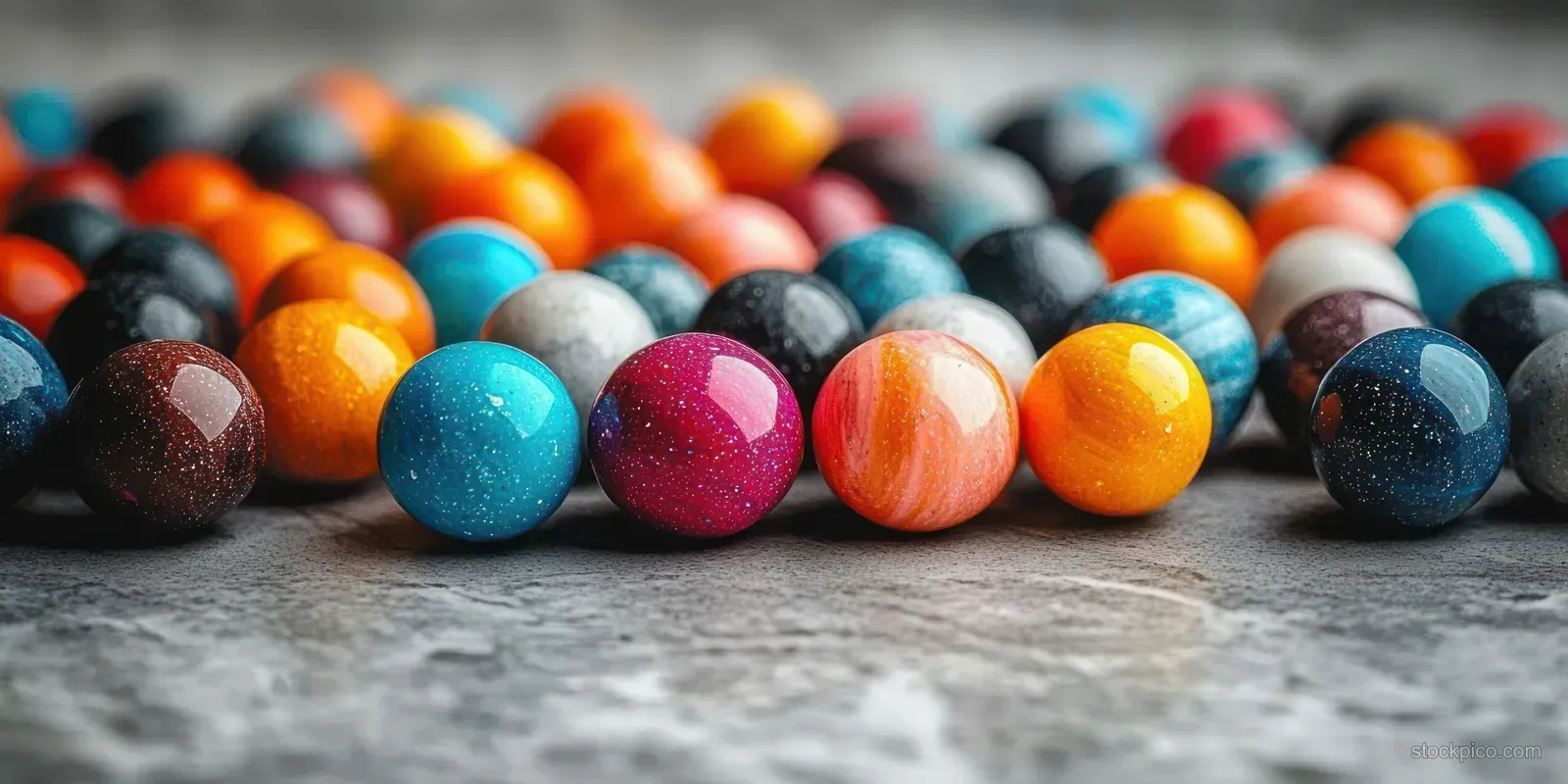 Colorful glossy marbles with patterned surfaces lined on a gray textured background.
