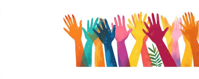Overlapping colorful raised hands holding a green leaf on white unity backdrop