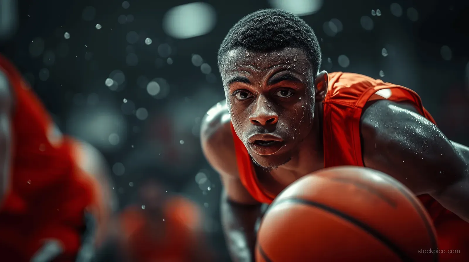 A young male basketball player dribbles the ball in an indoor arena under bright floodlights.