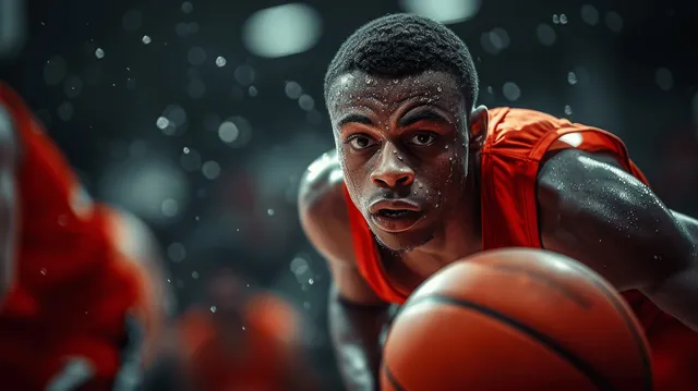 A young male basketball player dribbles the ball in an indoor arena under bright floodlights.