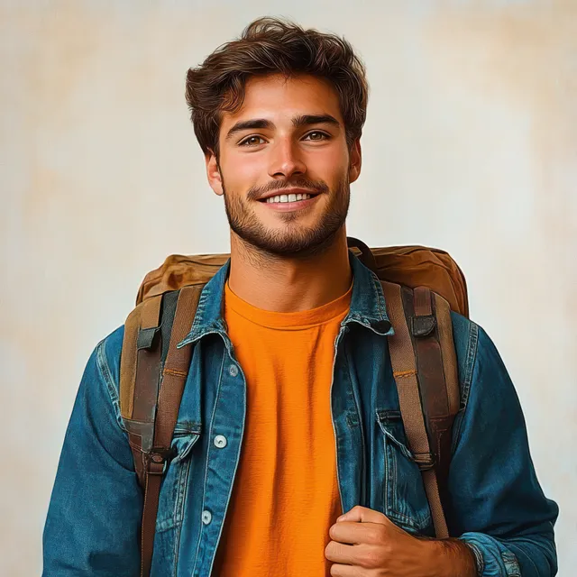 Smiling young man in a denim jacket and orange shirt holds a brown backpack against a light indoor background.
