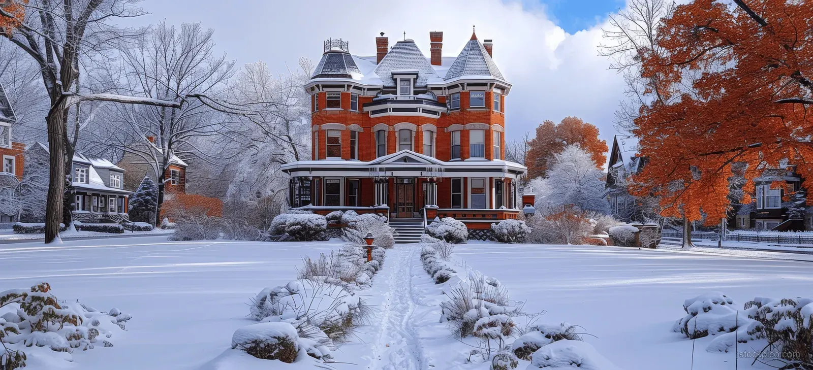 Victorian brick house with white trim and bay windows on a snowy street in Montreal.