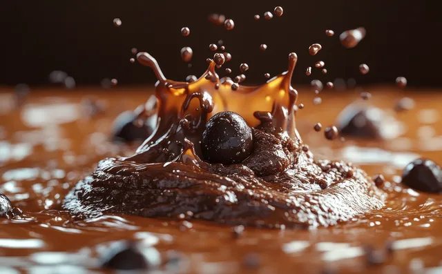 Chocolate splash rises from a dark pool with cocoa droplets and ripples frozen in motion.