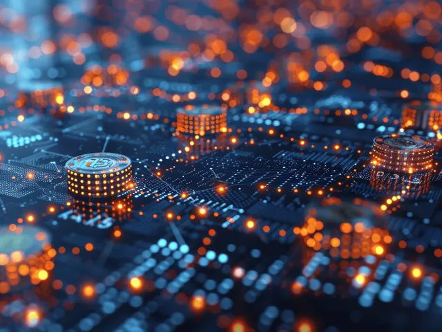 Futuristic financial network with glowing node connections and coin-like spheres on dark blue