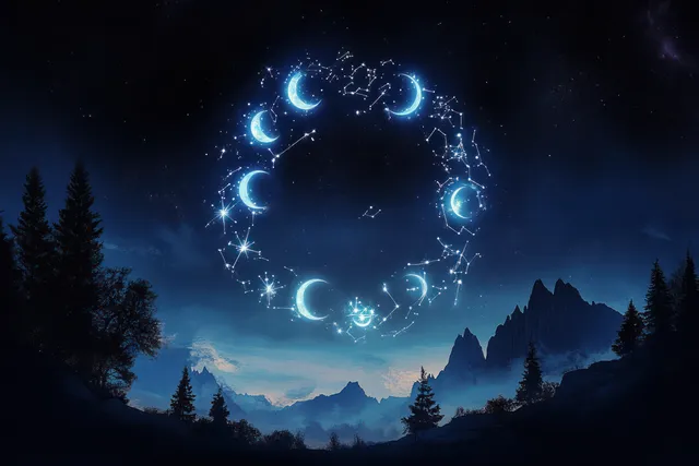 Zodiac constellation ring glowing above silhouetted mountains and pine trees under a starry night sky.