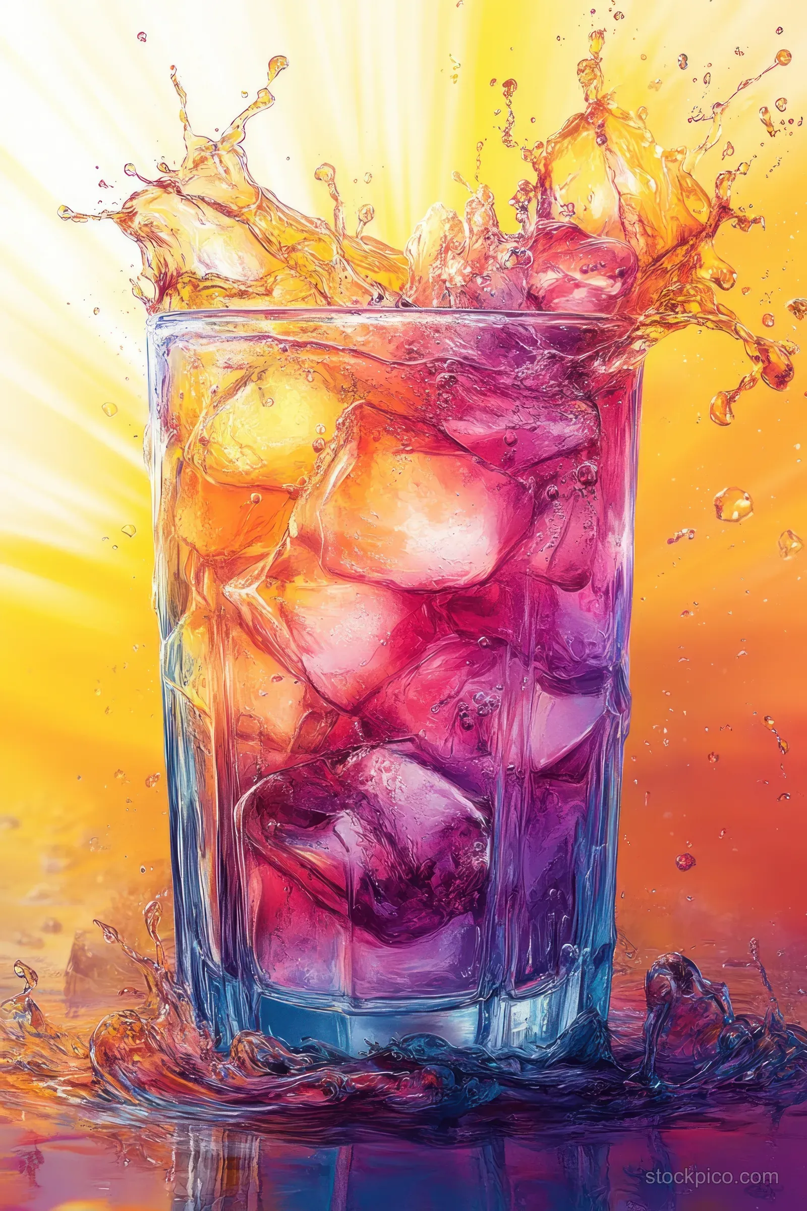 Pop art pink cocktail in a clear glass with bright splash and swirling frozen bubbles around it.