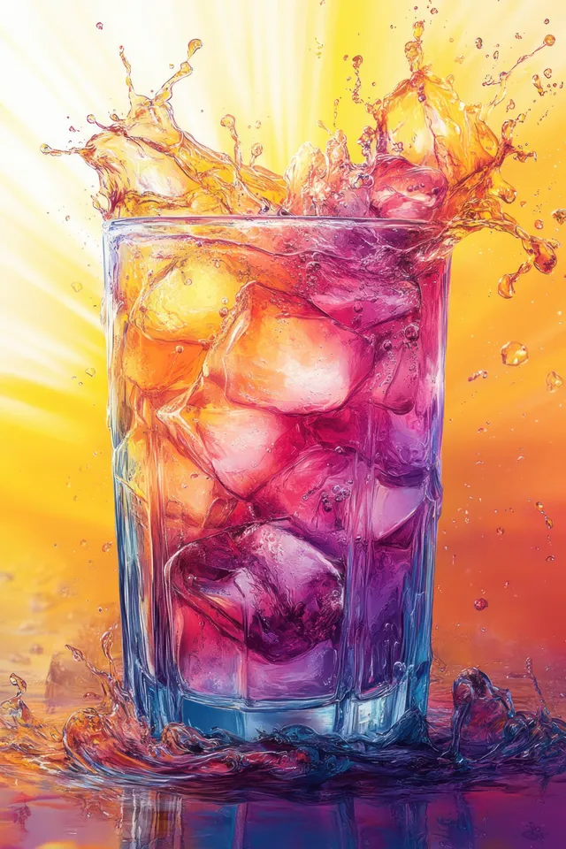 Pop art pink cocktail in a clear glass with bright splash and swirling frozen bubbles around it.