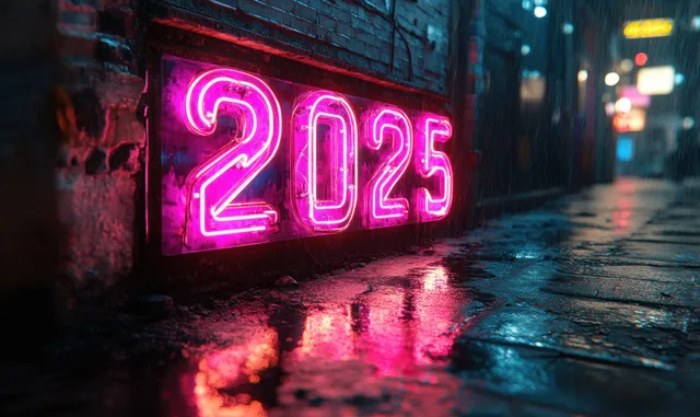 Cyberpunk New Year 2025 neon sign glowing pink and blue on rainy street