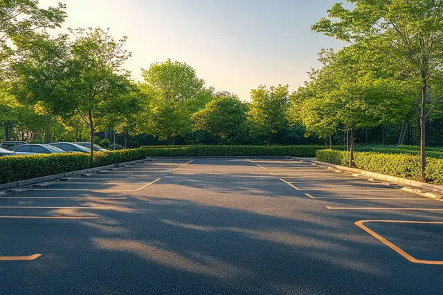 Empty asphalt parking spaces with yellow lines bordered by hedges and leafy trees under soft evening sunlight.