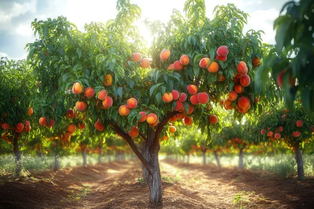 Sunlit peach tree in a rural orchard with hanging clusters of ripe orange peaches and green leaves.