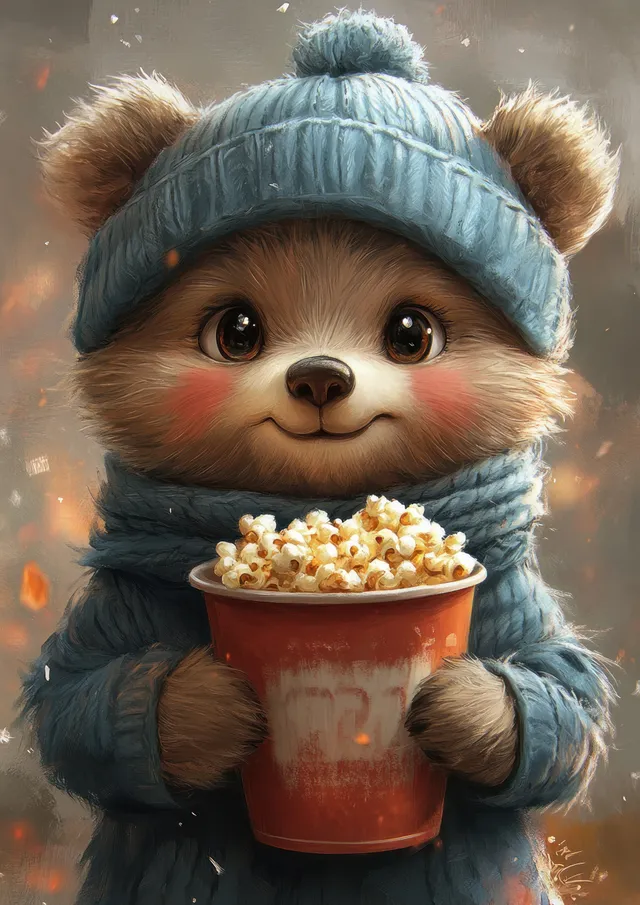 Cute cartoon bear holding popcorn bucket wearing blue hat and scarf