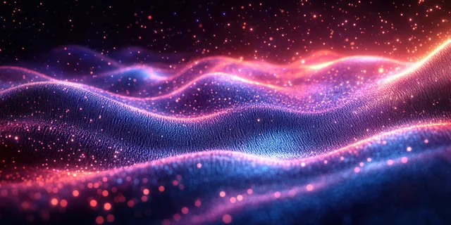Neon wave ribbons stream through a dark cyber space filled with glowing binary code particles and spark-like light.