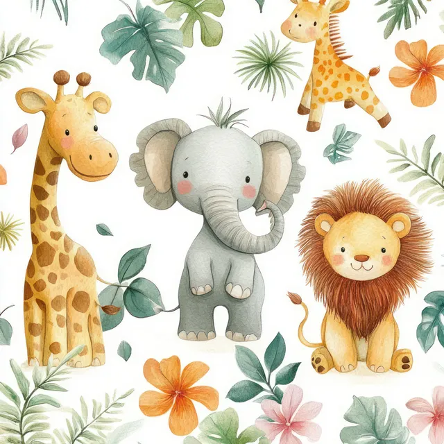 Watercolor seamless pattern of safari animals and tropical leaves with soft pastel florals