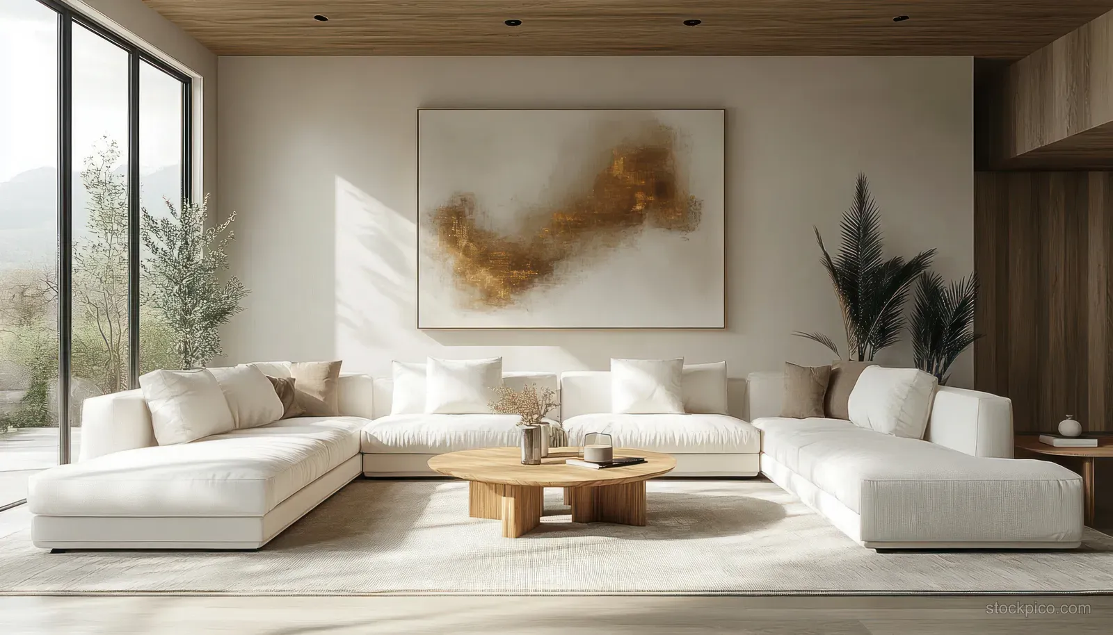 Sunlit modern living room with white sectional sofa, wooden coffee table, abstract artwork, and indoor plants by tall windows.