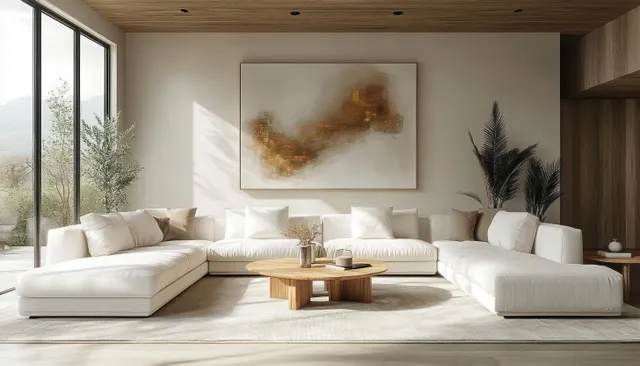 Spacious modern living room with white sectional sofa, wooden coffee table, and sunlit floor-to-ceiling windows