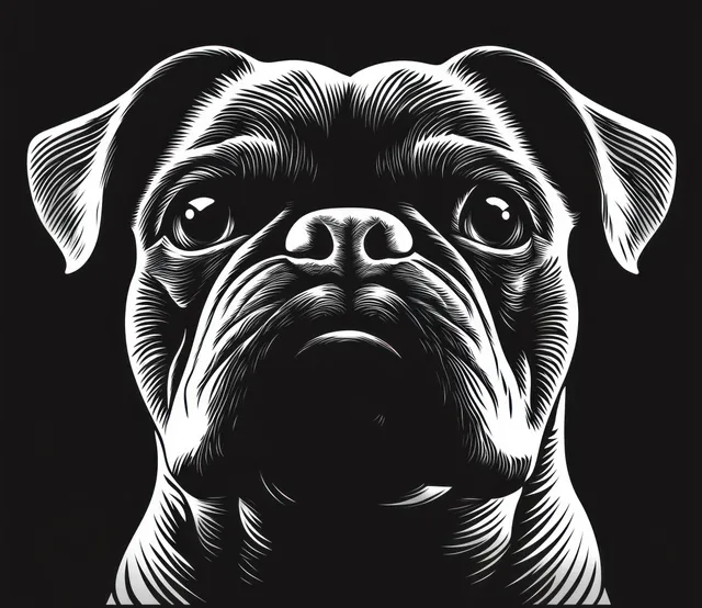 Black and white pug portrait illustration with wrinkled muzzle and wide expressive eyes