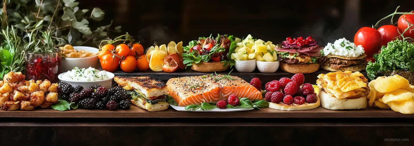 A rustic wooden table displays grilled salmon, berries, sandwiches, dips, and leafy greens alongside other fresh produce.
