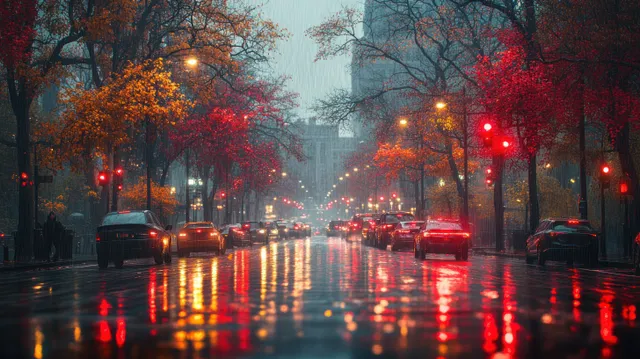 Cars move slowly on a rain-slick city street where red reflections shimmer across wet asphalt.
