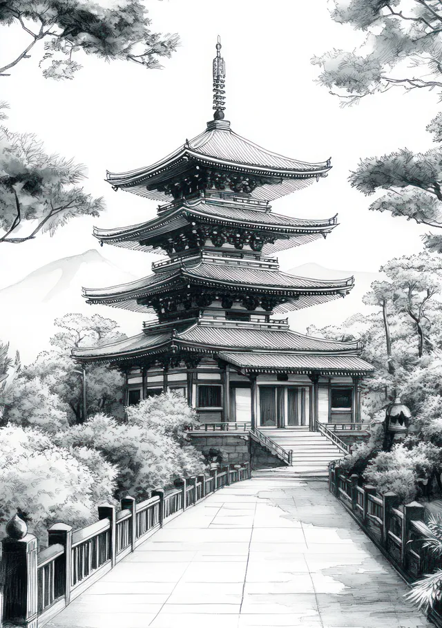 Monochrome ink illustration of a Japanese pagoda beside a straight walkway bordered by cherry blossoms.