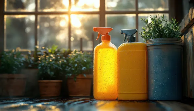 Colorful cleaning spray bottles on wooden table with sunlit kitchen window background