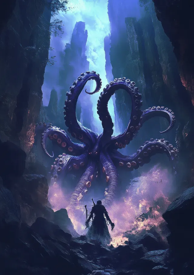 A hooded figure faces a giant octopus with curling tentacles as eerie blue light pierces mist in a dark forest ruin.