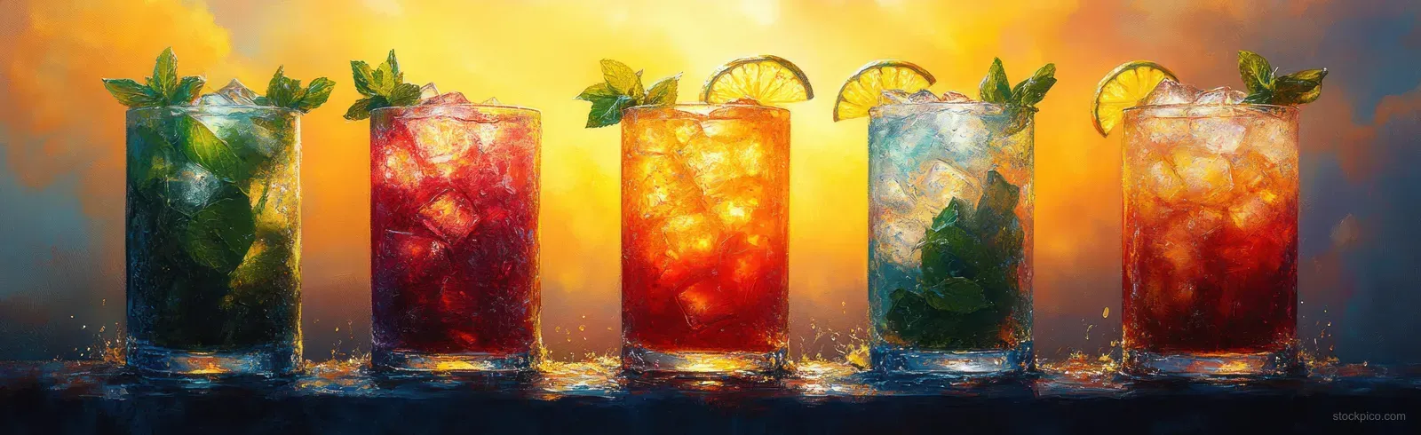 A group of friends clinks mojito glasses at a seaside kiosk bar under bright summer sunlight.