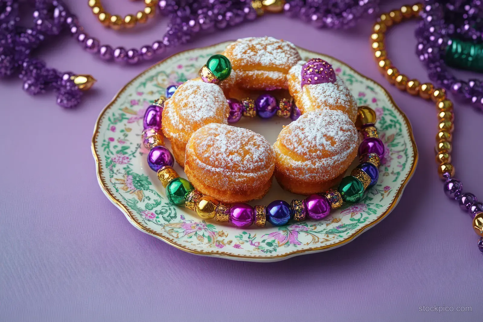 Three powdered sugar crescent donuts on a floral porcelain plate with Mardi Gras beads on a purple background.