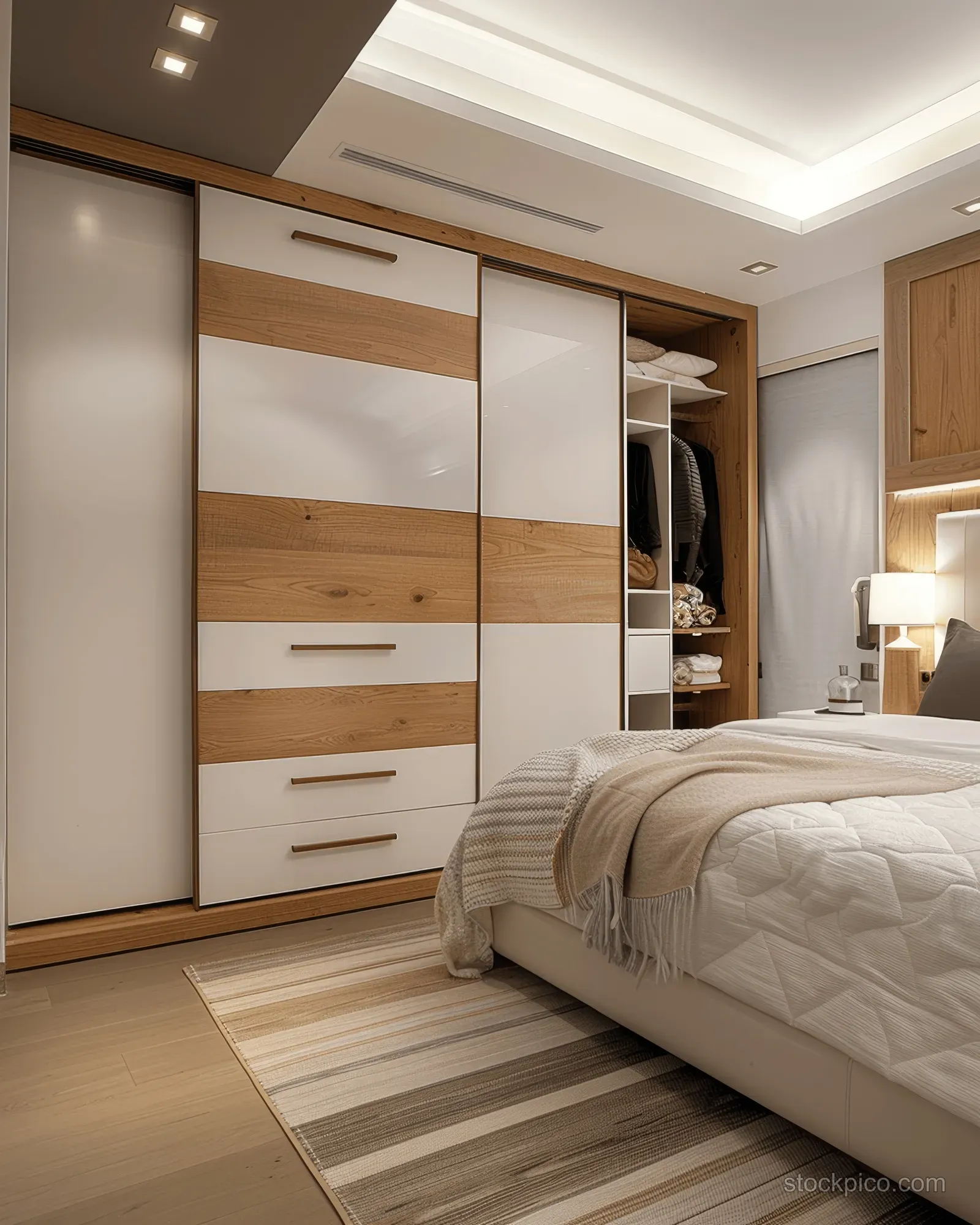 Bed beside a minimalist wardrobe with sliding white and wood doors in a bright Scandinavian bedroom interior.