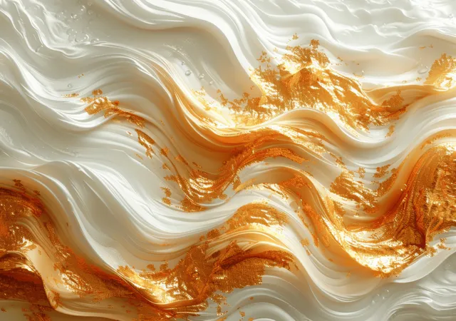 Luxurious gold and white abstract wave texture with acrylic paint swirls, perfect for elegant backgrounds and creative designs.