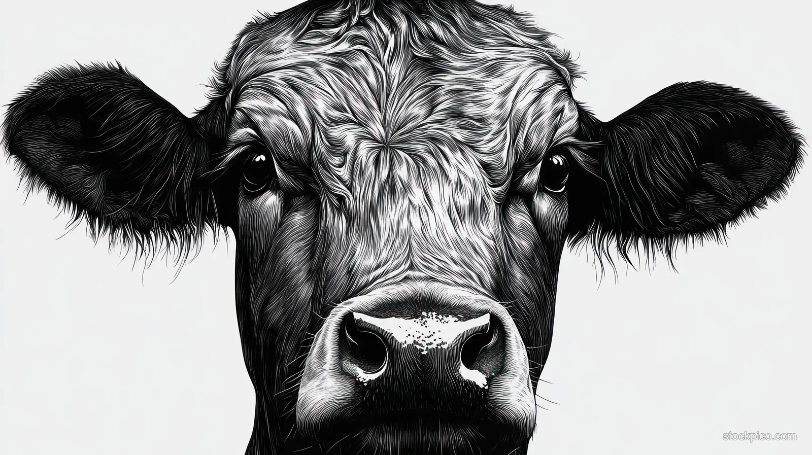 A black and white close-up shows a cow’s face with textured fur and expressive eyes against a plain background.