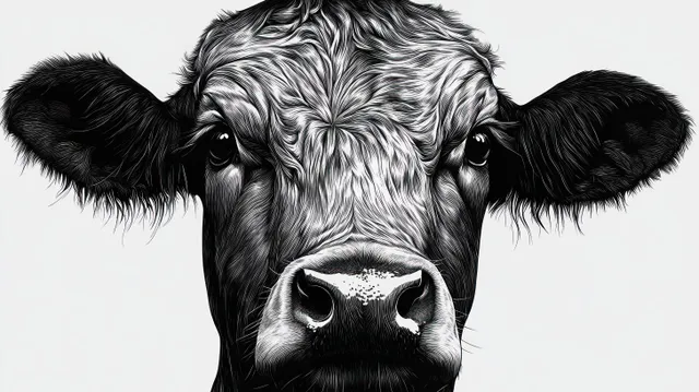 A black and white close-up shows a cow’s face with textured fur and expressive eyes against a plain background.