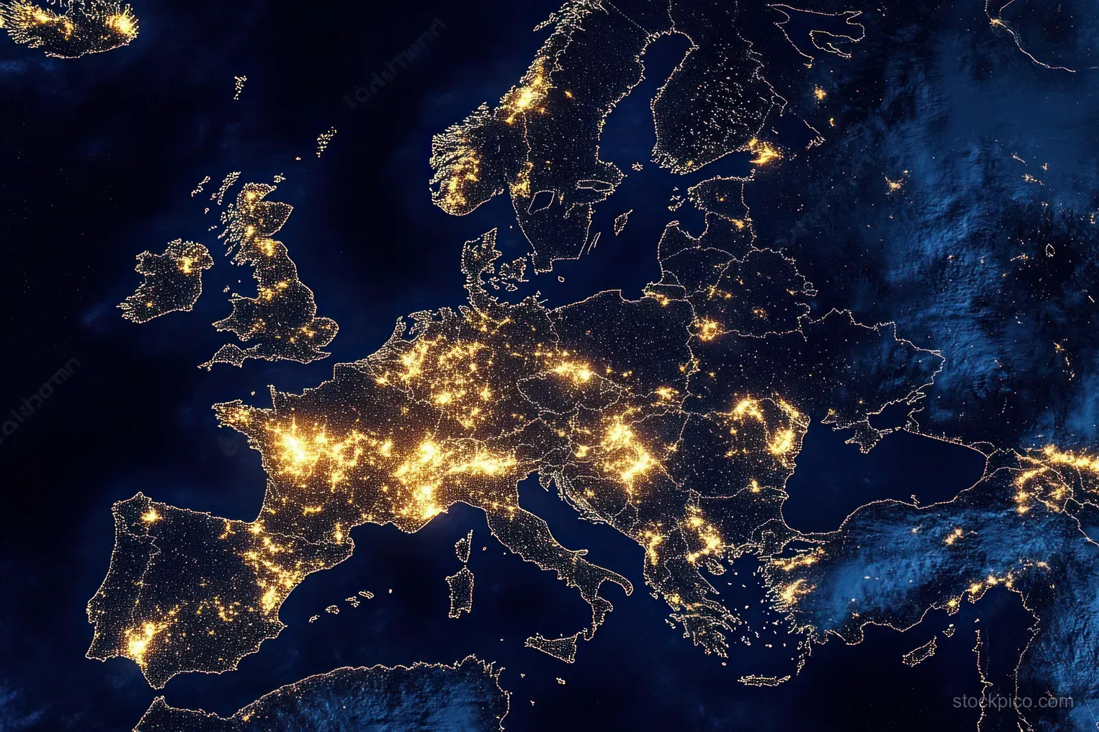 Europe at night from space with clusters of glowing city lights over dark blue seas and landmasses.