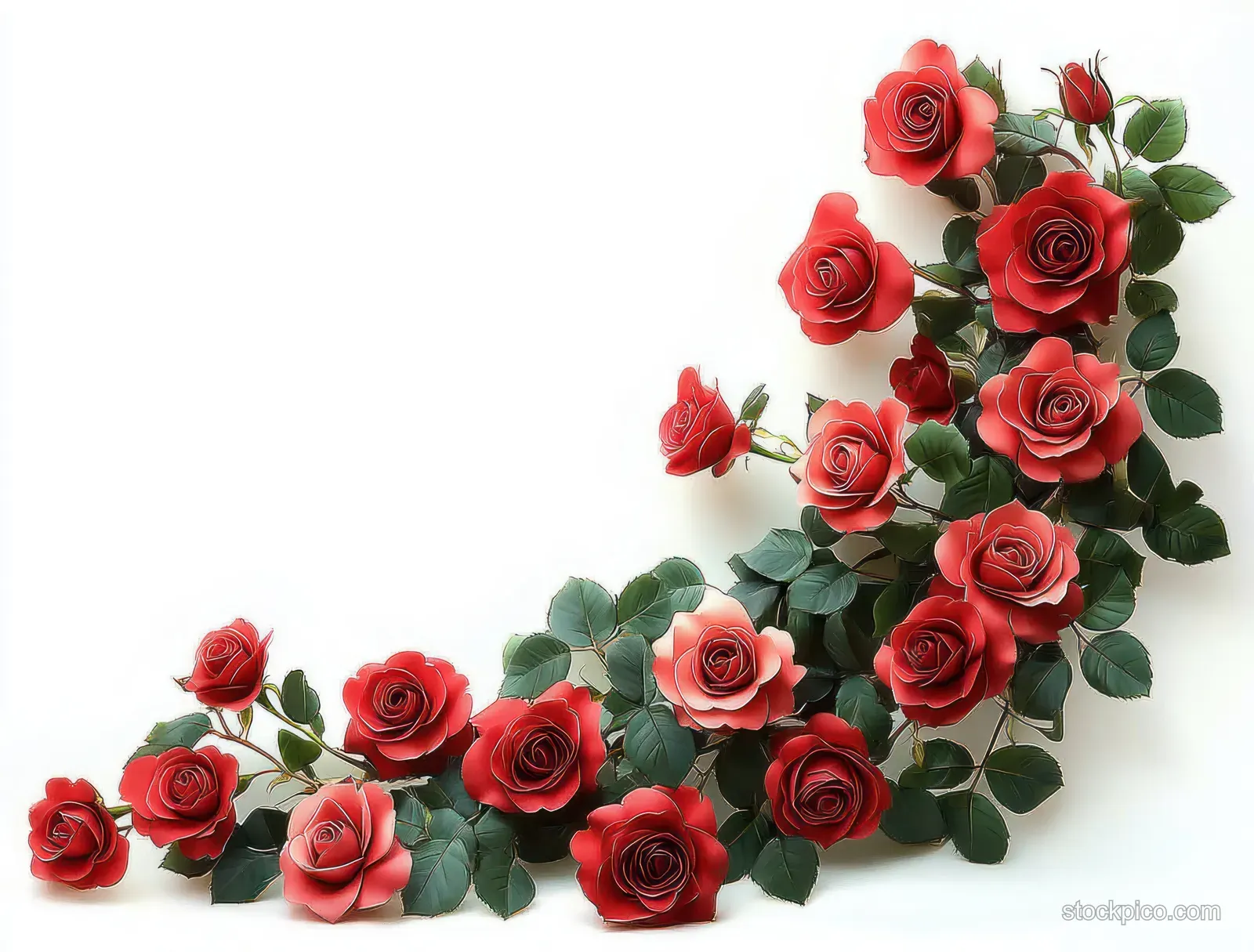 Curved cluster of red roses with green leaves arranged on a white background.