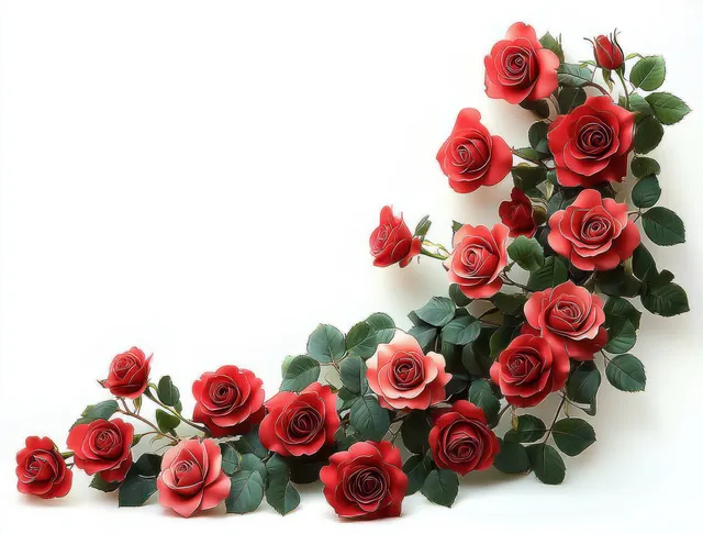 Racimo curvo de rosas rojas con hojas verdes dispuestas sobre un fondo blanco.