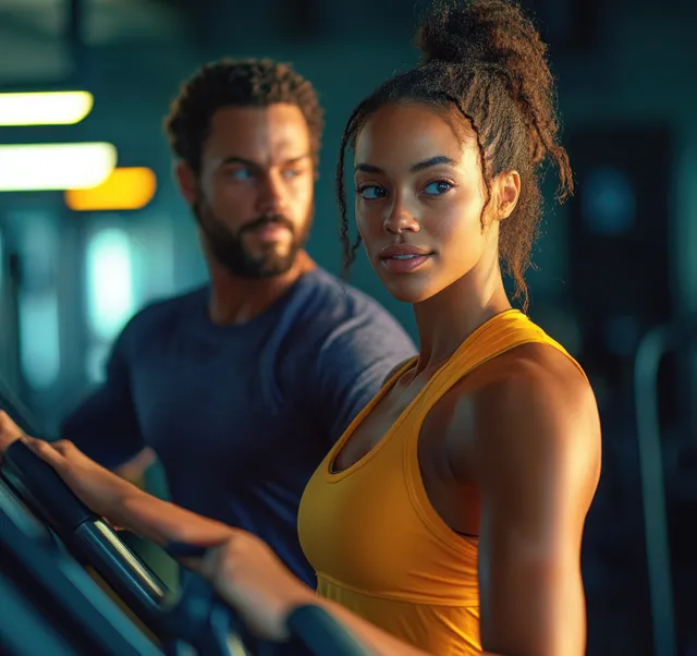 Woman jogging on treadmill with coach beside her in a gym lighting