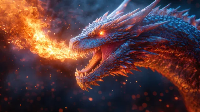 A blue dragon roars and breathes orange flames in a close-up fantasy scene with sparks and smoke.