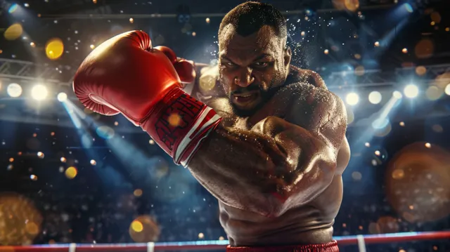 Heavyweight boxer landing a knockout punch in a bright stadium ring during live competition