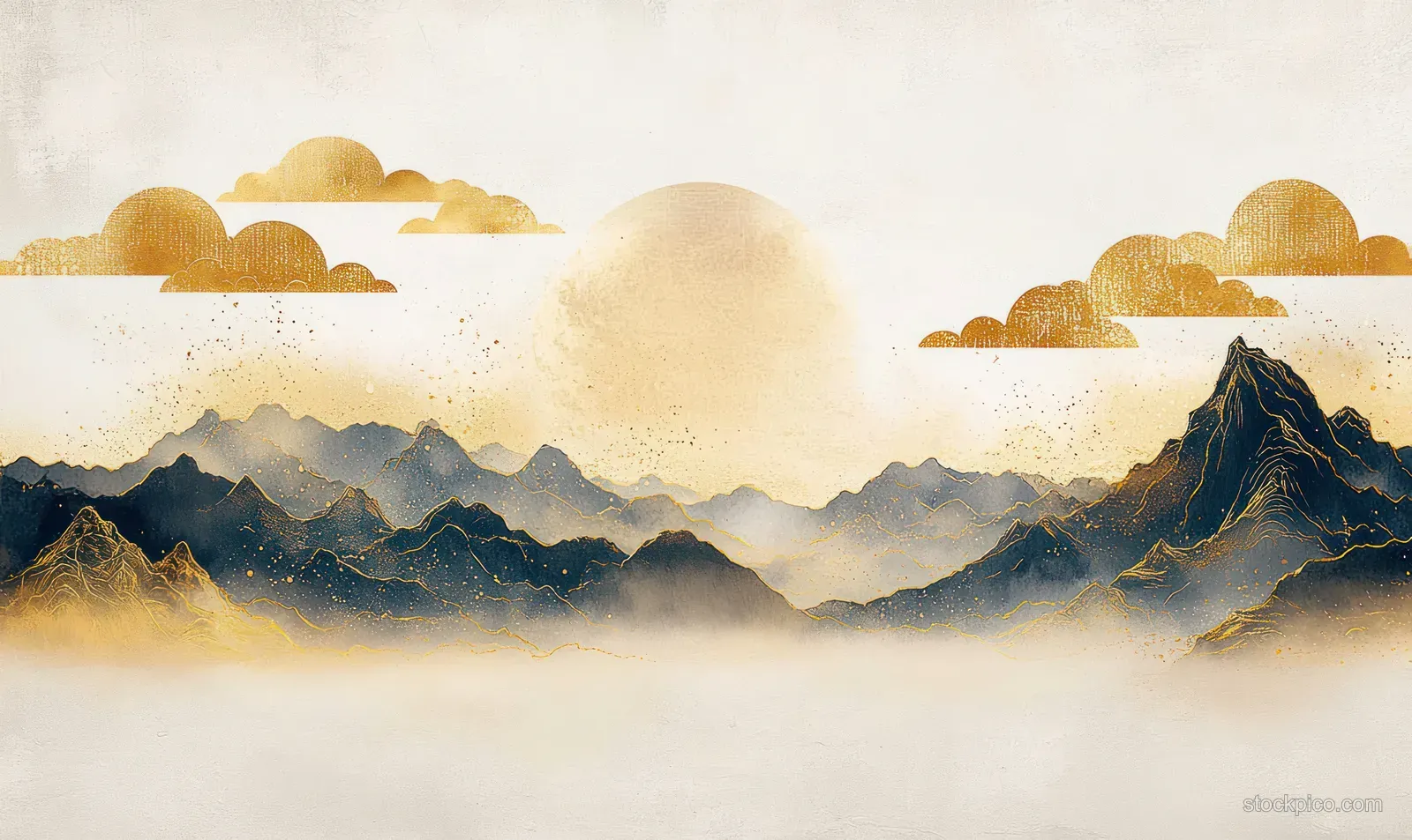 Golden sunrise behind misty mountains with stylized clouds.